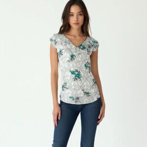 Ricki’s Floral Cap Sleeve Blouse XS | Sage Green & Grey V-Neck Workwear NWT